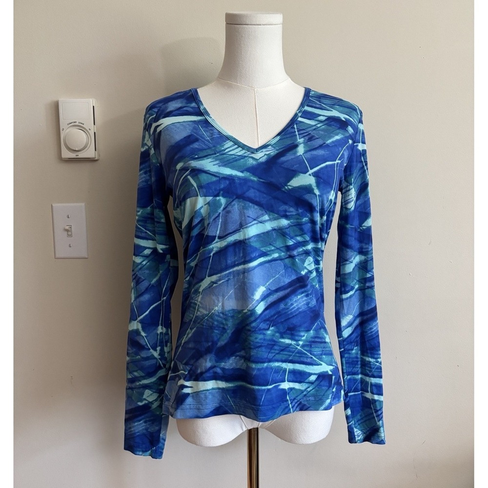 Y2K Funky Watercolor Print V Neck Top Womens Small Blue Bodycon Tight Cute